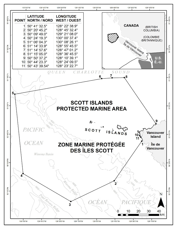 Schedule 2 is a map depicting the location of the Scott Islands Protected Marine Area in the waters northwest of Vancouver Island. The map includes two tables, one provides the geographic coordinates of the Scott Islands Protected Marine Area and the other situates that Area at a larger scale.