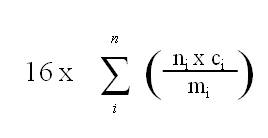 La teneur en oxygène actif, en pourcentage, d’un mélange de peroxyde organique est égale à seize fois la somme, indiquée par le symbole sigma majuscule, de la série i à n, ouvrir la parenthèse, du produit de n, indice i, et c, indice i, sur m, indice i, fermer la parenthèse