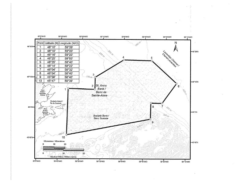 L’annexe est une carte qui représente l’emplacement de la zone de protection marine du banc de Sainte-Anne. Elle contient aussi un tableau dans lequel figurent les coordonnées géographiques des points visés au paragraphe 2(1) du présent règlement qui délimitent la zone de protection marine.