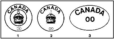 Figure 1 has an outside circular border with the word CANADA at the top and the numbers 00 at the bottom. There is also a circular inner border that has an image of a crown inside. Figure 2 is a circular outline with the word CANADA at the top, an image of a crown in the middle, and the numbers 00 at the bottom all inside the outline. Figure 3 is an oval outline with the word CANADA at the top and the numbers 00 in the middle all inside of the outline.