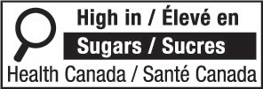 This figure shows a nutrition symbol for the principal display panel that indicates that a prepackaged product is high in sugars. This symbol is bilingual, with the English text shown first, followed by the French text. There is a white rectangular box outlined by a thin black line. At the top left of the box is a black magnifying glass. To the right of the magnifying glass is a heading composed of the words “High in” followed by a forward slash and the words “Élevé en” in black, bold, lower case letters, except that the first letter of the words “High” and “Élevé” are in upper case. Under the heading is one horizontal bar. There is a small amount of white space between the right side of the bar and the thin black line that outlines the box. The bar is black and contains the word “Sugars” followed by a forward slash and the word “Sucres” in white, bold, lower case letters, except that the first letter of each word is in upper case. Centred at the bottom of the box are the words “Health Canada” followed by a forward slash and the words “Santé Canada” in black, lower case letters, except that the first letter of each word is in upper case.