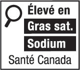 This figure shows a nutrition symbol for the principal display panel that indicates that a prepackaged product is high in saturated fat and sodium. This symbol is in French only. There is a white rectangular box outlined by a thin black line. At the top left of the box is a black magnifying glass. To the right of the magnifying glass is the heading “Élevé en” in black, bold, lower case letters, except that the first letter of the first word is in upper case. Under the heading are two bars that are stacked. There is a small amount of white space between each bar, as well as between the right side of the bars and the thin black line that outlines the box. The first bar is black and contains the words “Gras sat.” in white, bold, lower case letters, except that the first letter of the first word is in upper case. The second bar is black and contains the word “Sodium” in white, bold, lower case letters, except that the first letter is in upper case. Centred at the bottom of the box are the words “Santé Canada” in black, lower case letters, except that the first letter of each word is in upper case.