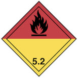 Red square on point, with in black: a line inside the edge, a flame symbol on the upper half and the number “5.2” in the bottom corner. Background of the lower half is presented in yellow