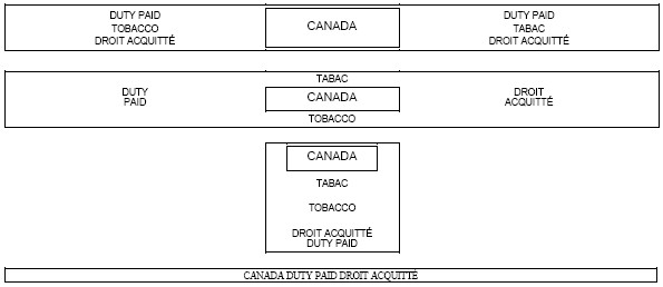 Series of four rectangular outlines with the following text inside Duty Paid Tobacco Droit Acquitté Canada (outlined) Duty Paid Tabac Droit Acquitté, Duty Paid Tabac Canada (outlined) Tobacco Droit Acquitté, Canada (outlined) Tabac Tobacco Droit Acquitté Duty Paid, Canada Duty Paid Droit Acquitté