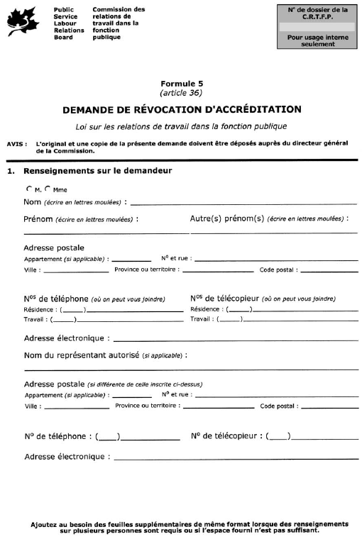 Formule 5 (article 36) Demande de révocation d’accréditation