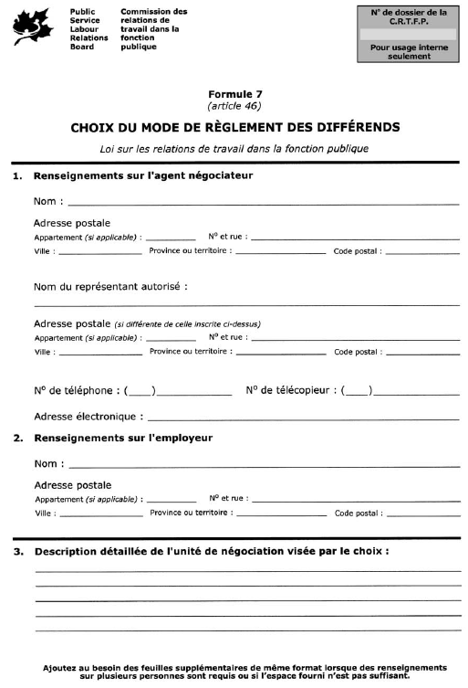 Formule 7 (article 46) Choix du mode de règlement des différends