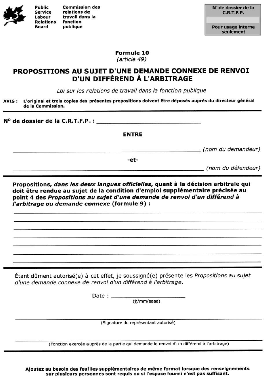 Formule 10 (article 49) Propositions au sujet d’une demande connexe de renvoi d’un différend à l’arbitrage