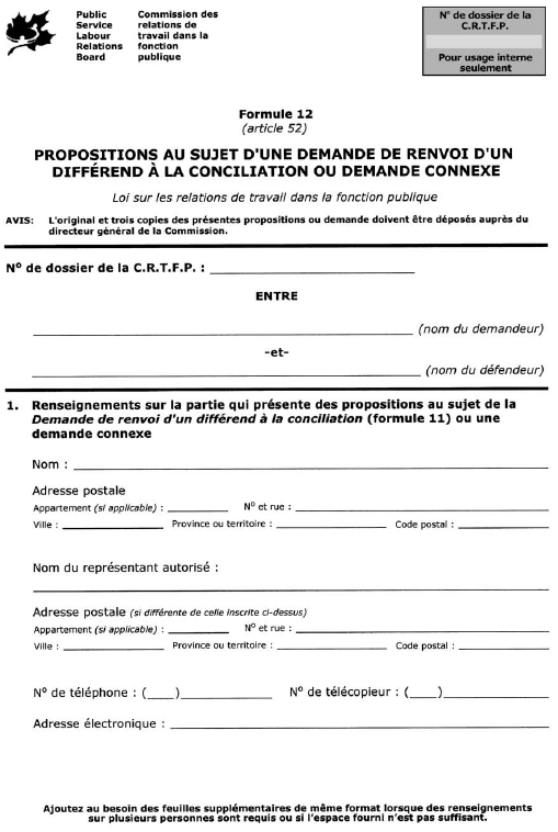 Formule 12 (article 52) Propositions au sujet d’une demande de renvoi d’un différend à la conciliation ou demande connexe