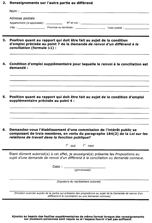 Suite de la formule 12 (article 52) Propositions au sujet d’une demande de renvoi d’un différend à la conciliation ou demande connexe