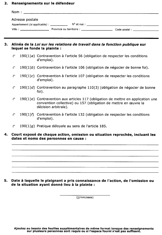 Suite de la formule 16 (article 57) Plainte visée à l’article 190 de la Loi