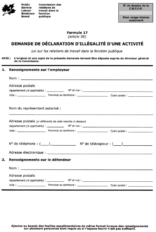 Formule 17 (article 58) Demande de déclaration d’illégalité d’une activité