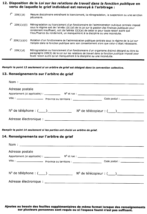 Suite de la formule 21 (sous-alinéa 89(1)a)(ii)) Avis de renvoi à l’arbitrage d’un grief individuel Licenciement, rétrogradation, suspension, sanction pécuniaire ou mutation