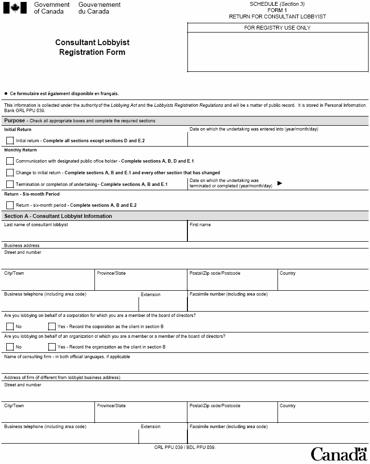 Form 1 Return for Consultant Lobbyist - Consultant Lobbyist Registration Form