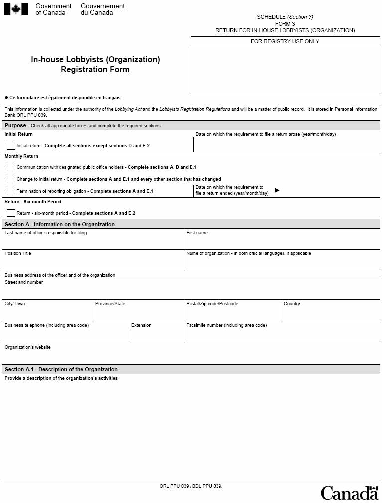 Form 3 Return for In-house Lobbyists (Organization) - In-house Lobbyists (Organization) Registration Form
