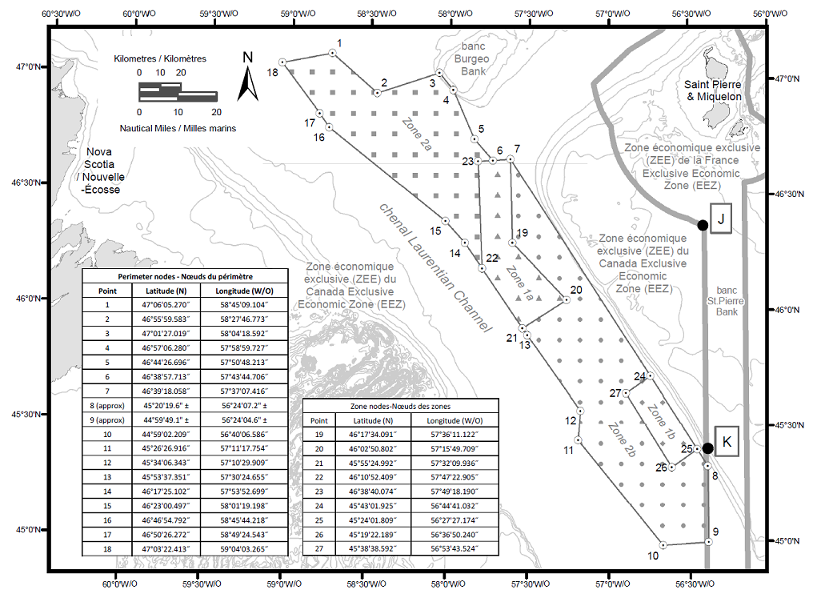 L’annexe est une carte qui représente l’emplacement de la zone de protection marine du chenal Laurentien. Elle contient aussi un tableau dans lequel figurent les coordonnées géographiques des points visés au paragraphe 2(1) du présent règlement qui délimitent la zone de protection marine.