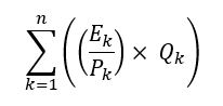 The sum of the multiplication of Qk by the quotient of Ek and Pk, summed for each stream “k” of hydrogen, ammonia and steam.