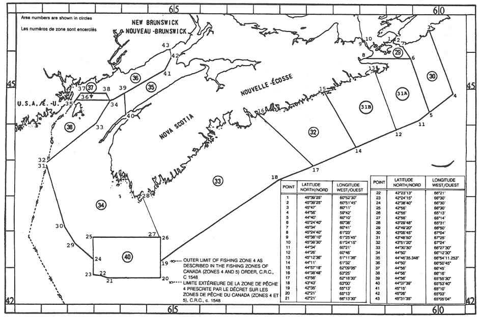 Map of Lobster Fishing Areas with latitude and longitude coordinates for forty-three points outlining the areas.