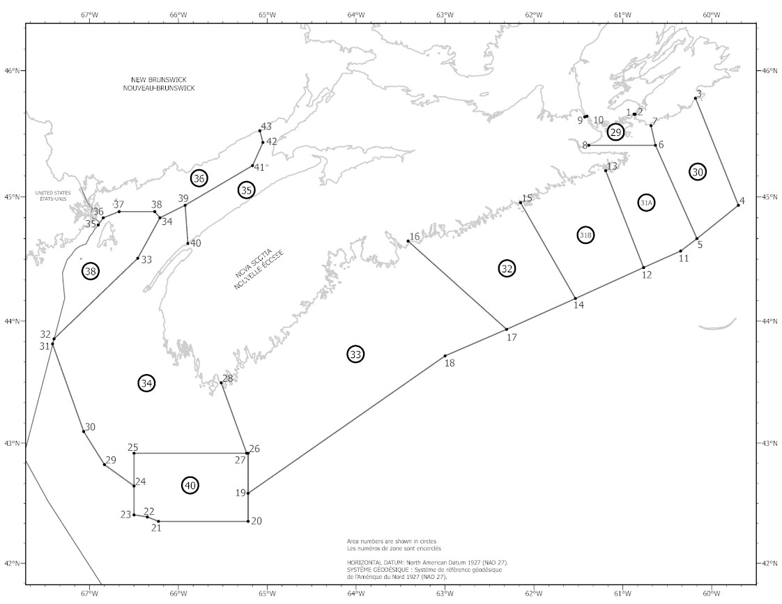 Map showing lobster fishing areas in the Atlantic Ocean.