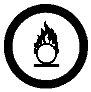 A symbol for a hazard associated with oxidizing material, described by a circular border encompassing a flame resting on top of the letter O.