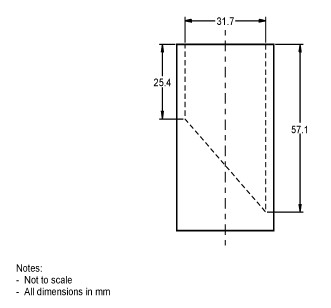 Illustration depicting measurements for a small parts cylinder. The small parts cylinder is a hollow cylinder with an inner diameter of 31.7 mm. A plate (or similar device) is placed inside the cylinder at a 45 degree angle such that the minimum depth of the cylinder is 25.4 mm and the maximum depth of the cylinder is 57.1 mm. No specifications are provided for the wall or floor thickness of the cylinder.