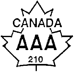 Outline of a maple leaf with the top of the maple leaf unattached to the rest of the maple leaf. Between the top of the maple leaf and the rest of the maple leaf is the word CANADA. The text AAA and the number 210 is inside the bottom part of the maple leaf.