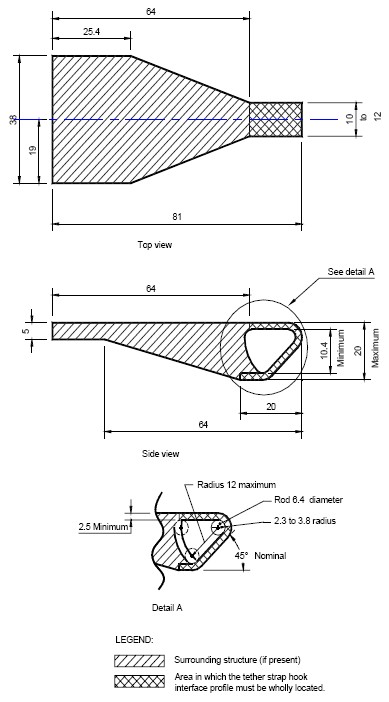 Diagram of Interface Profile of Tether Strap Hook with measurements and specifications.