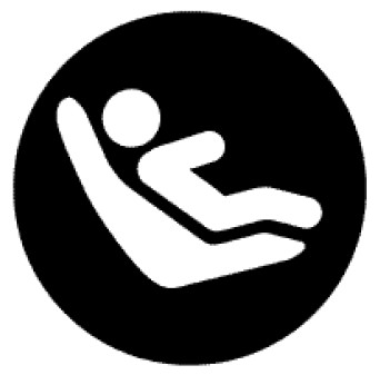Lower Universal Anchorage System Symbol consisting of a black circle with a drawing of a person reclining in a seat in the middle.